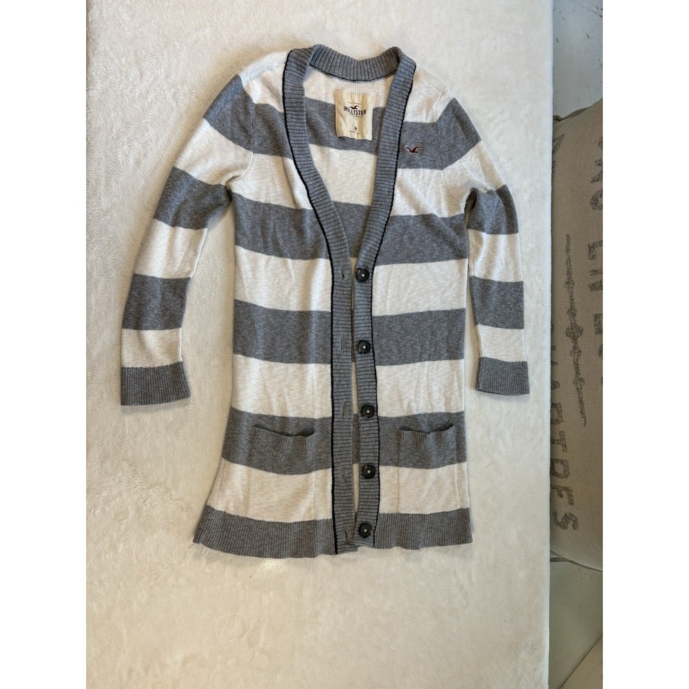 Hollister Womens Y2K Gray White Striped Cardigan 100% Cotton Button Front Med